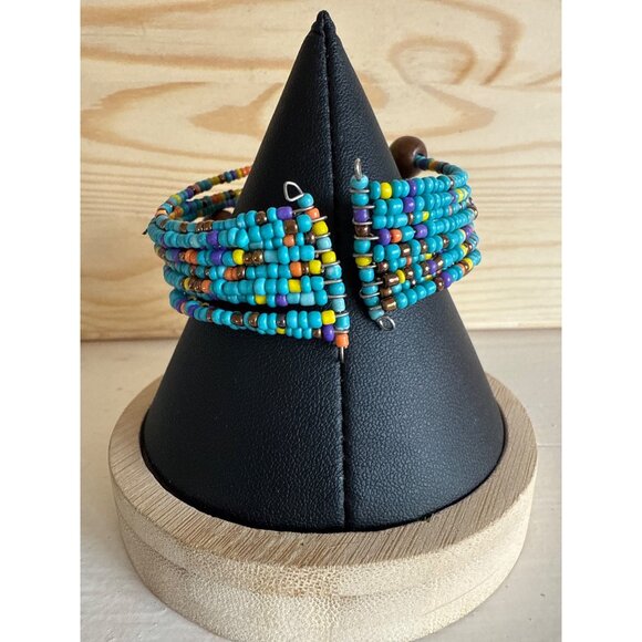 Multi-Color Beaded Coil Wrap Bracelet With Wood Accents Vibrant Bohemian Style - Picture 3 of 3